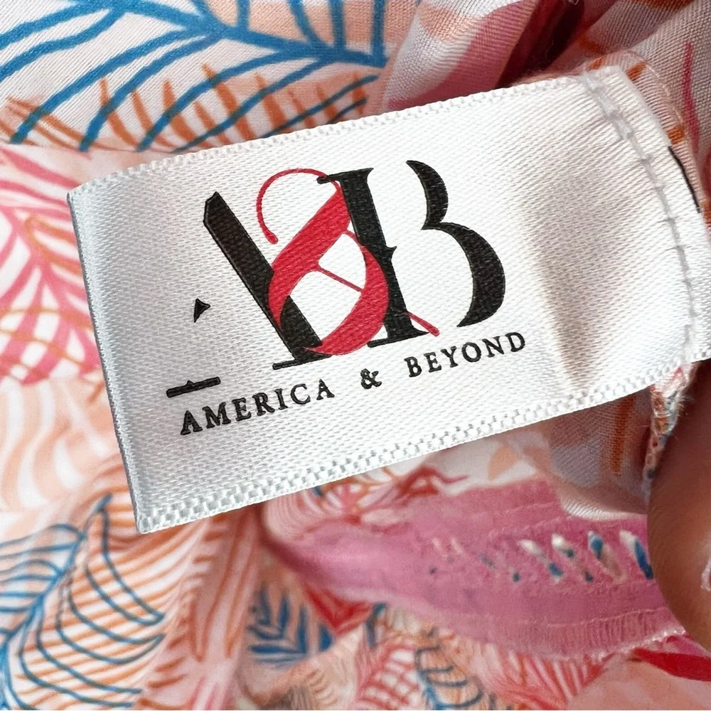 America And Beyond Pink Pompom Maxi Dress Size Large Palm Print Summer Vacation‎